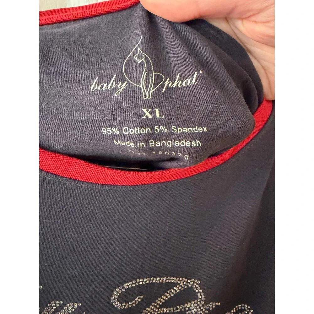 Baby Phat T-Shirt Girls XL Navy Blue Rhinestone Logo Y2K Ringer Short Sleeve Tee